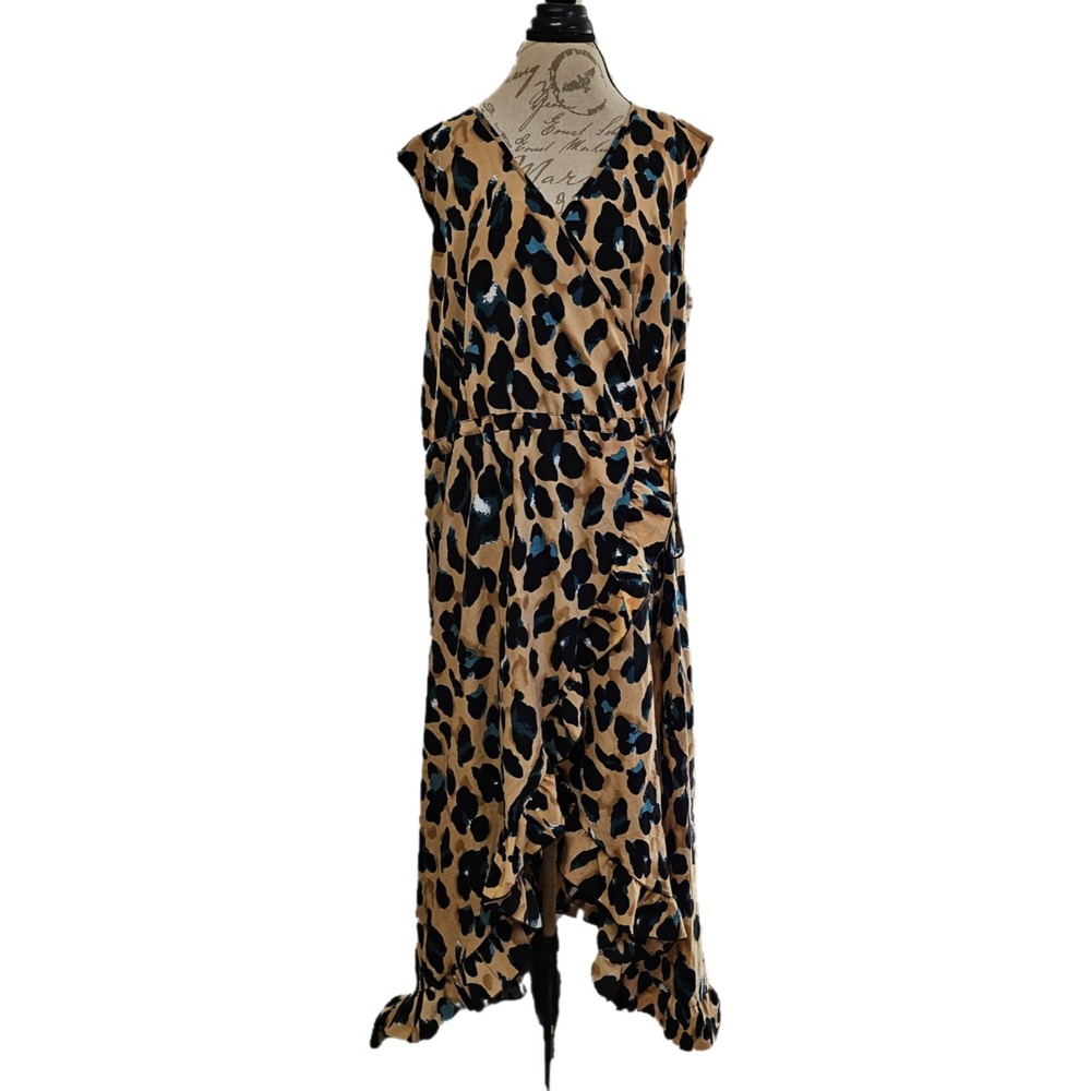 NWT Boohoo Plus‎ Wrap Leopard Ruffle Hi Low Midi Dress Size 24 - Picture 3 of 8